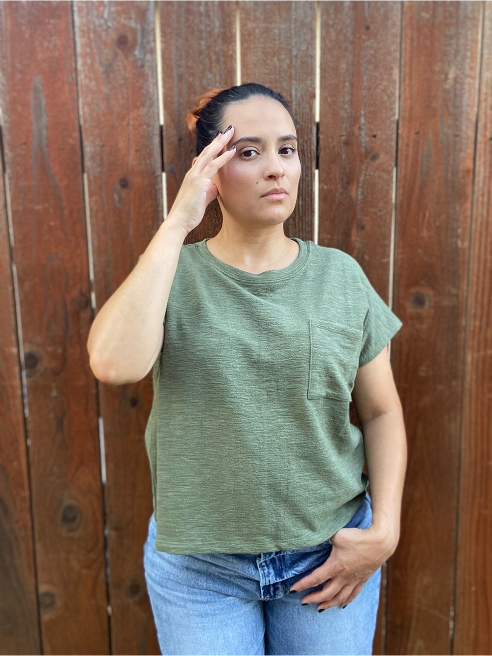 Olive Green Short Sleeve Pocket Tee - Women